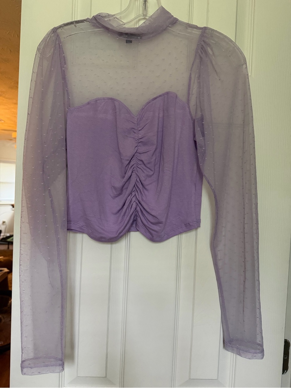 Ambiance Lavender Sheer Dot Ruched Corset Crop Top